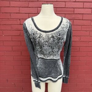 Harley Davidson‎ Chrome Fade Sheer Knit Shirt Women Small Pocket Long Sleeve